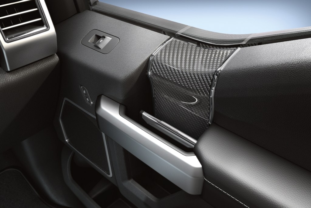 carbon fiber trim that comes along with the Recaro package for the Ford F-150 Raptor off-road pickup truck