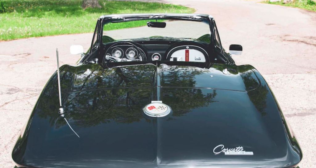 The top is off in this view from the rear of the 1963 Corvette.