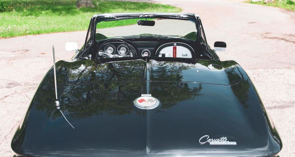 The top is off in this view from the rear of the 1963 Corvette.