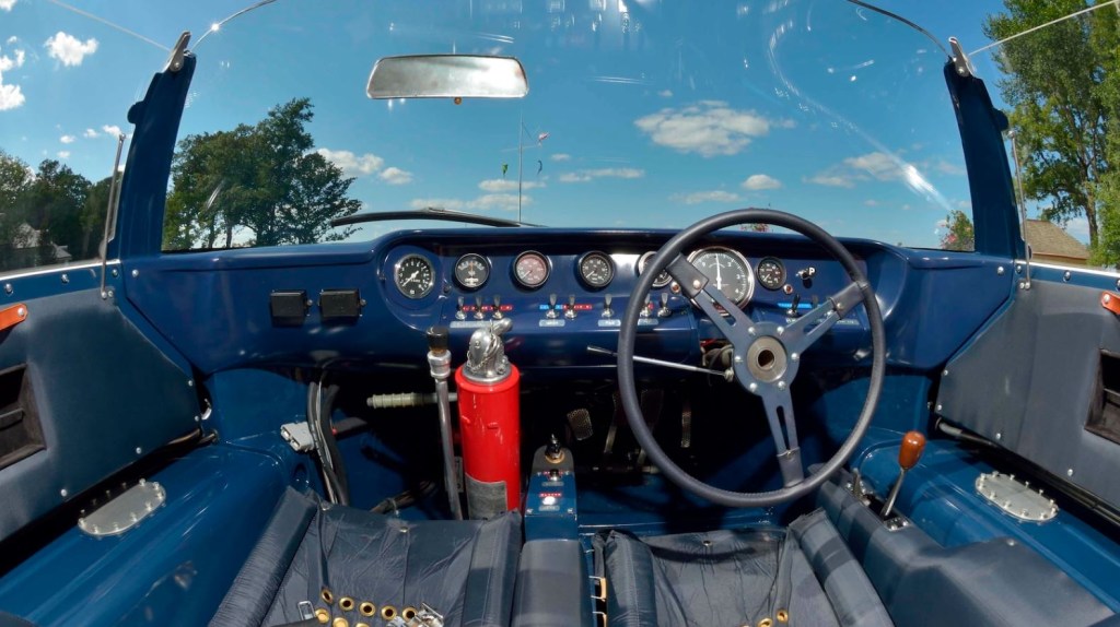 A look at the blue interior, right hand drive, of the 1965 Ford GT Roadster.