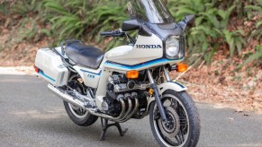 A white-with-blue-striped-fairing 1982 Honda CBX 1000 Super Sport