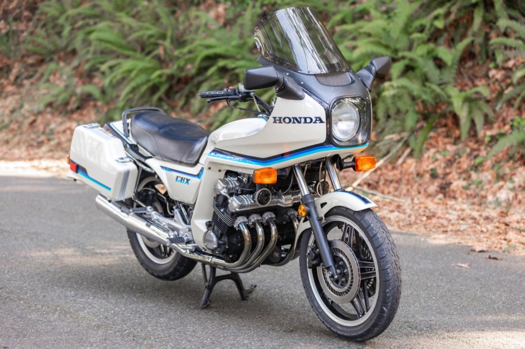 A white-with-blue-striped-fairing 1982 Honda CBX 1000 Super Sport