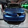 The Kia Soul EV is seen being charged during the New York International Auto Show
