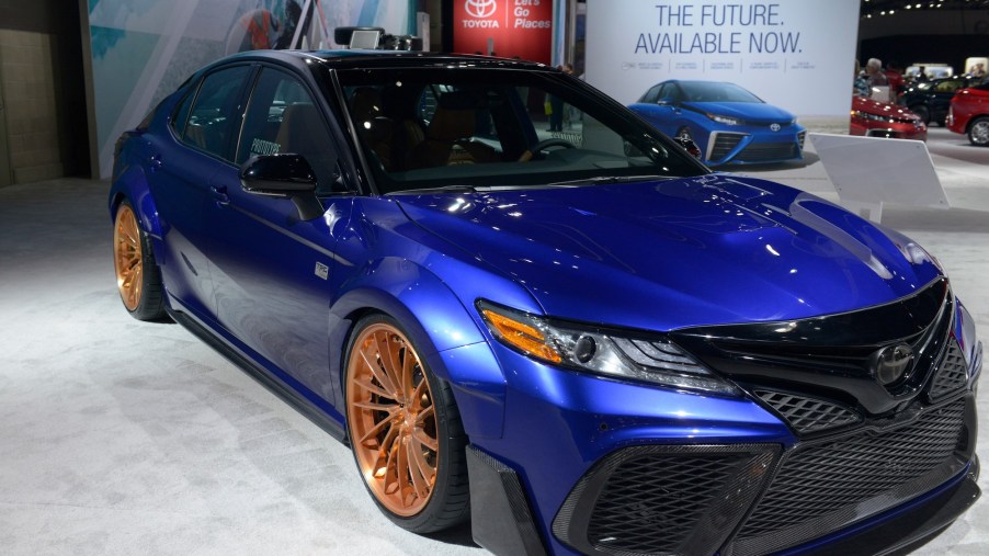 A 2017 Camry SXE sits on display at the Los Angeles Auto Show in the Los Angeles Convention Center
