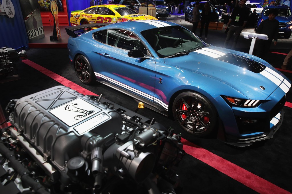 A 2020 Ford Shelby Mustang on display at an auto show