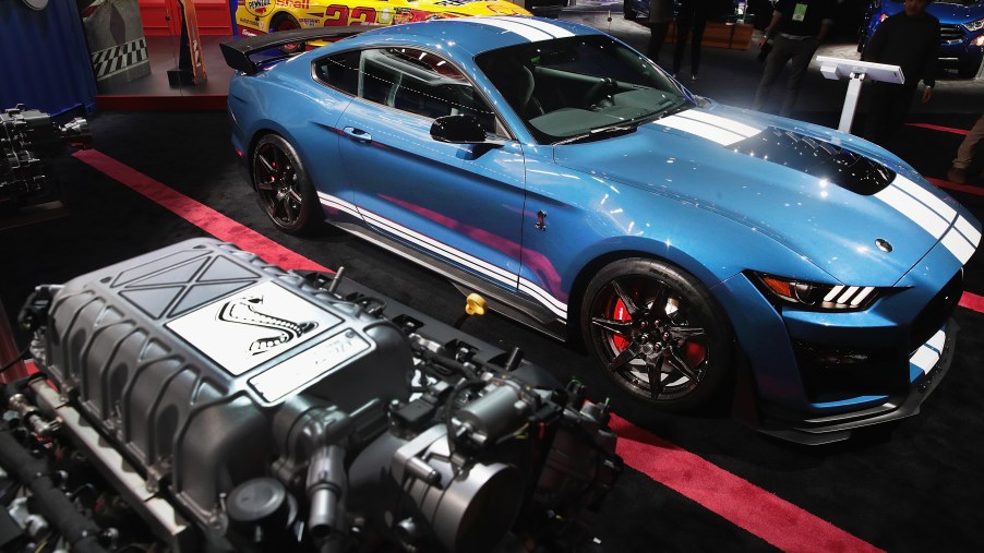 A 2020 Ford Shelby Mustang on display at an auto show