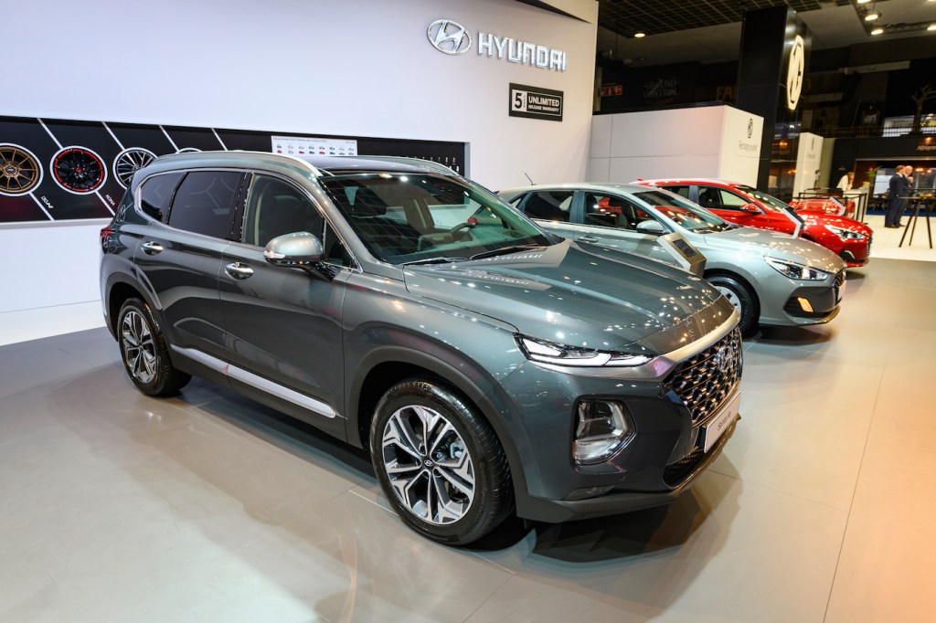The 2020 Santa Fe SUV, a competitor of the 2020 Kia Sorento, on display at Brussels Expo