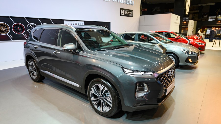The 2020 Santa Fe SUV, a competitor of the 2020 Kia Sorento, on display at Brussels Expo