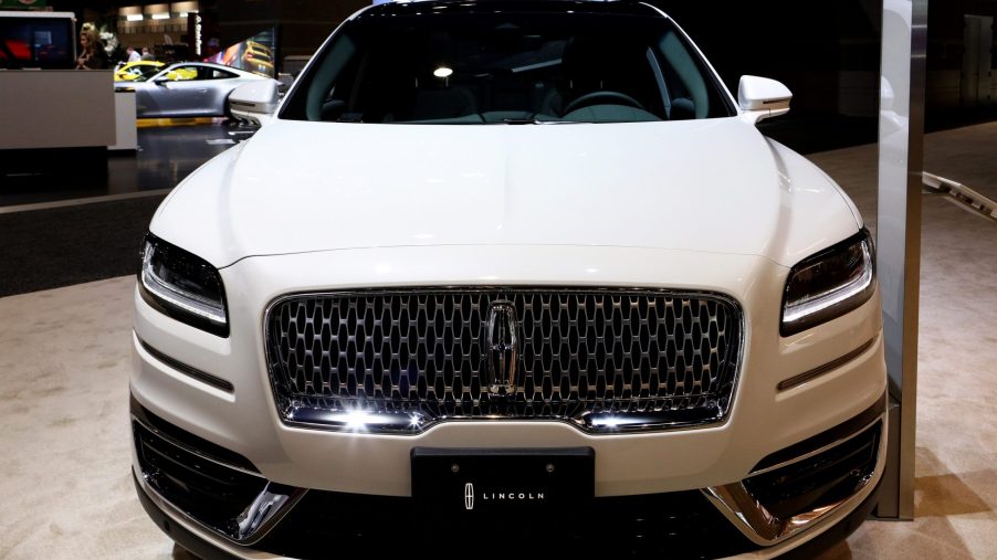 The front of a white 2020 Lincoln Nautilus