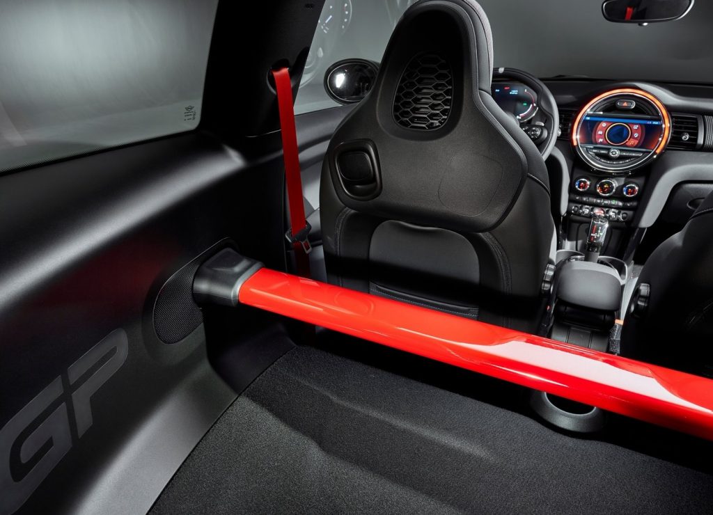 The red aluminum brace that replaces the 2020 Mini Cooper JCW GP's rear seat