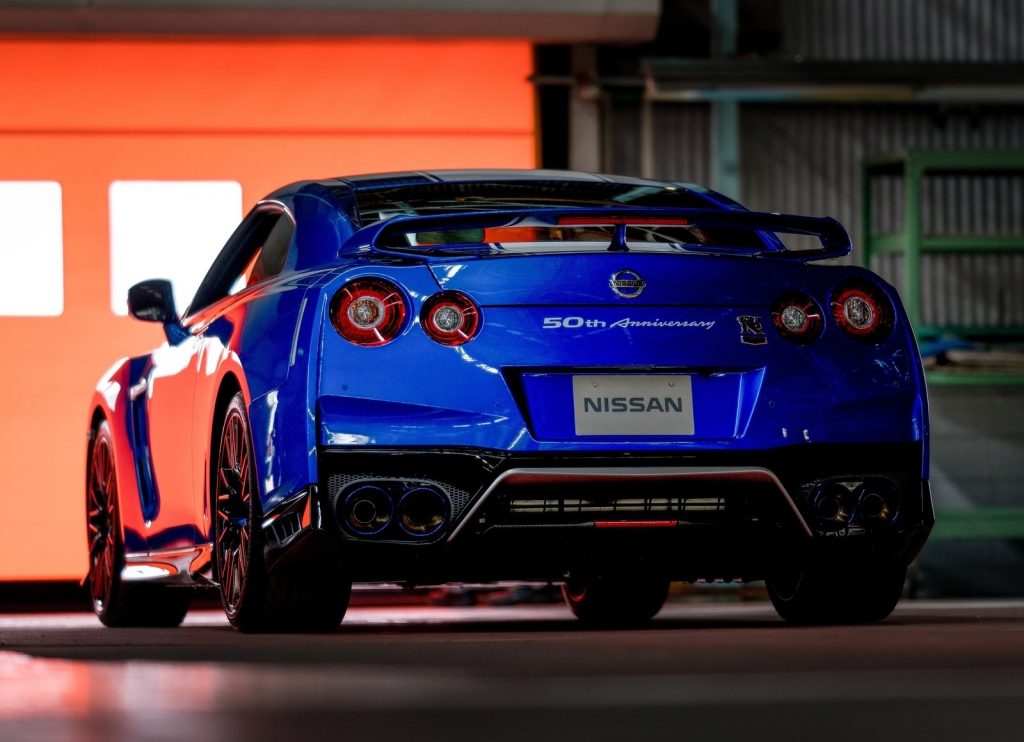 The rear of a blue 2020 Nissan GT-R 50th Anniversary Edition