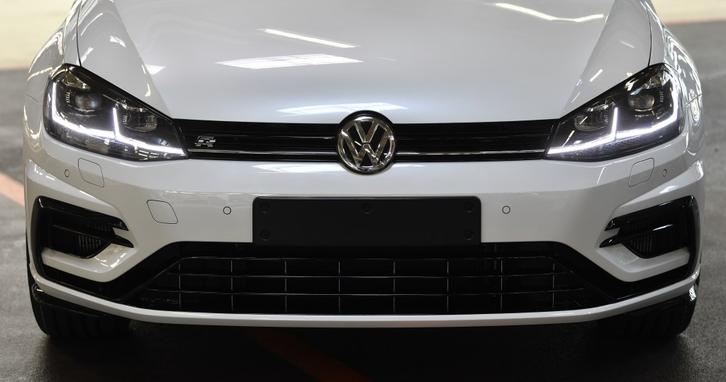 The front end of a white 2020 Golf R from Volkswagen