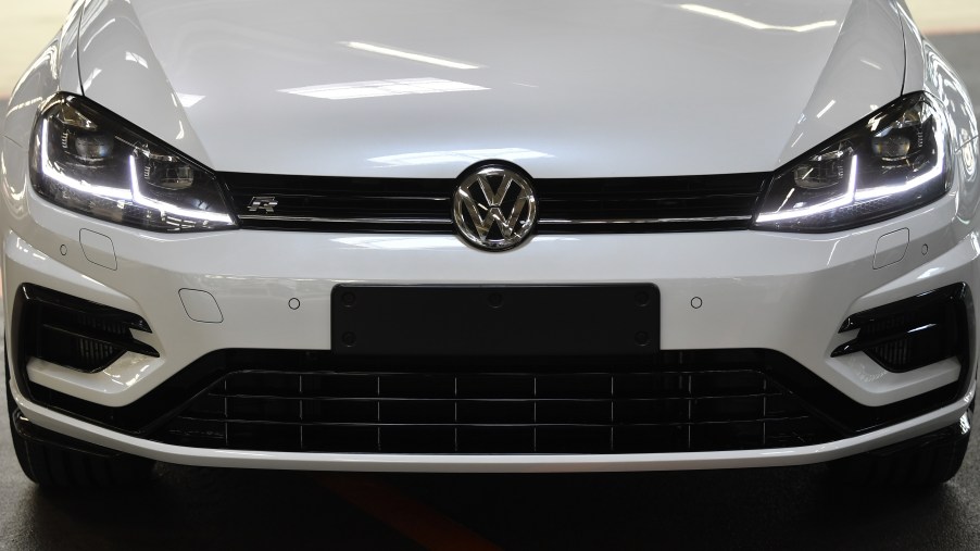 The front end of a white 2020 Golf R from Volkswagen