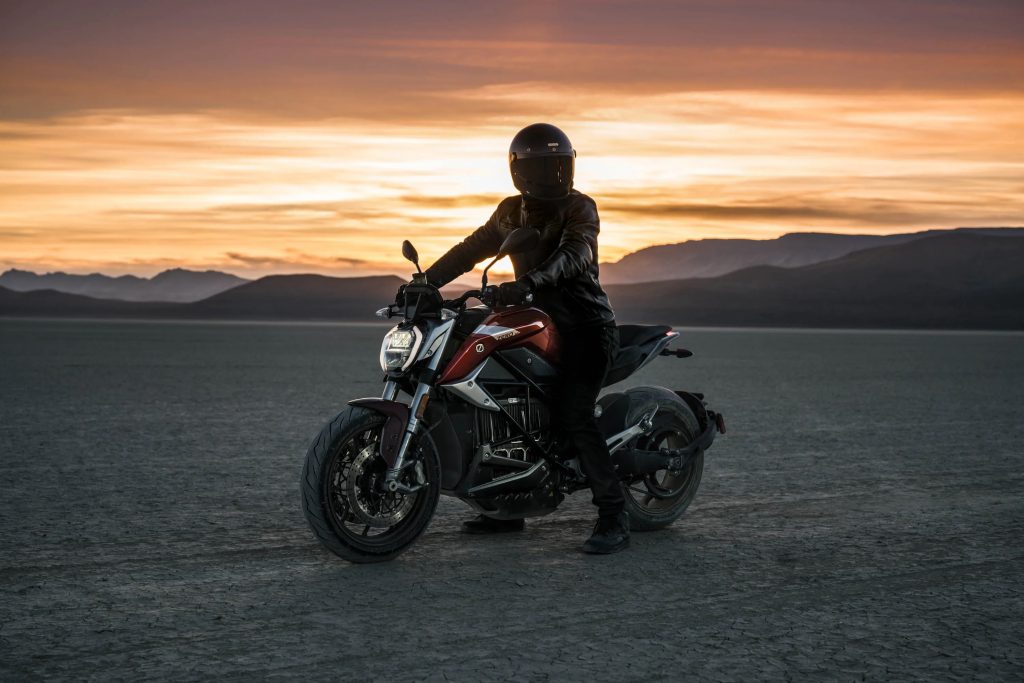 Red 2020 Zero SR/F with rider in a desert sunset