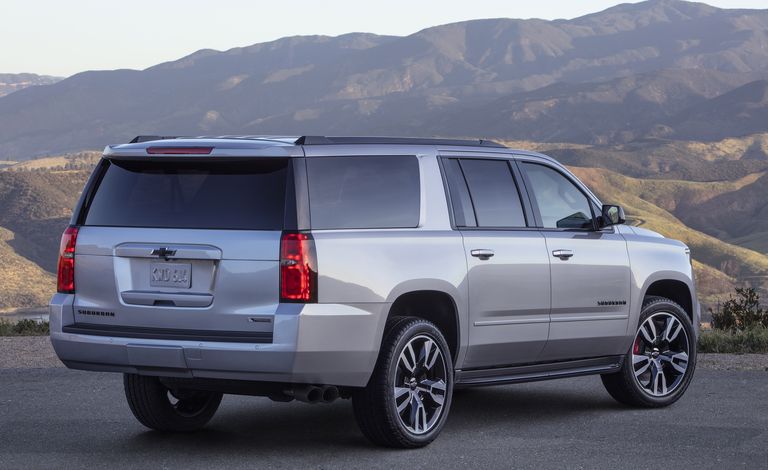 rear angle of a 2020 Chevy Suburban SUV against a mountainous landscape