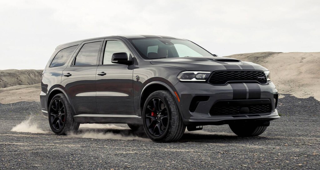 A gray Dodge Durango SRT Hellcat on a turn.