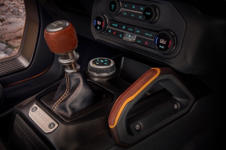 close up of shift and handbrake of 2021 Ford Bronco