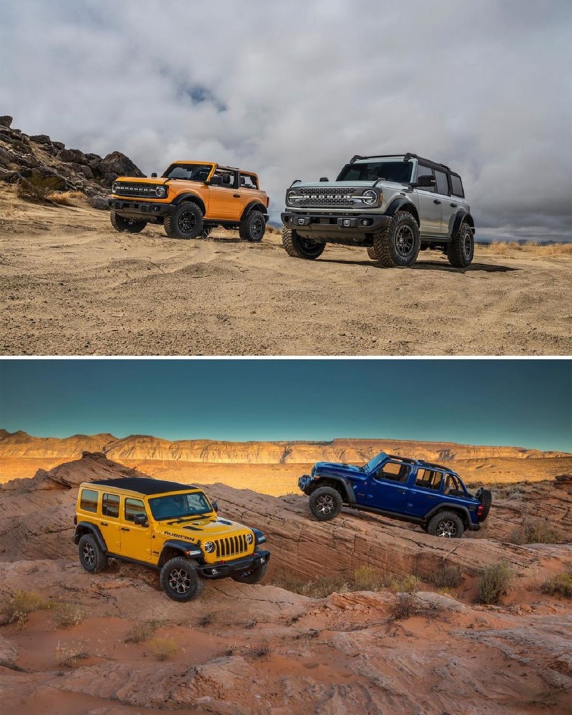 2-door and 4-door Ford Broncos over 2-door and 4-door Jeep Wranglers, both in the desert