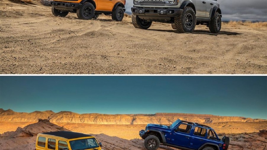 2-door and 4-door Ford Broncos over 2-door and 4-door Jeep Wranglers, both in the desert
