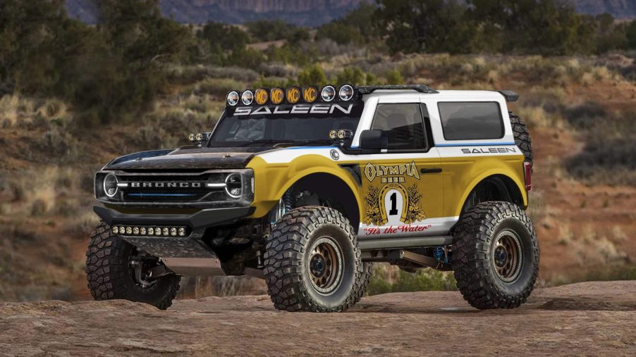 A gold and white 2021 Bronco looks race prepared.