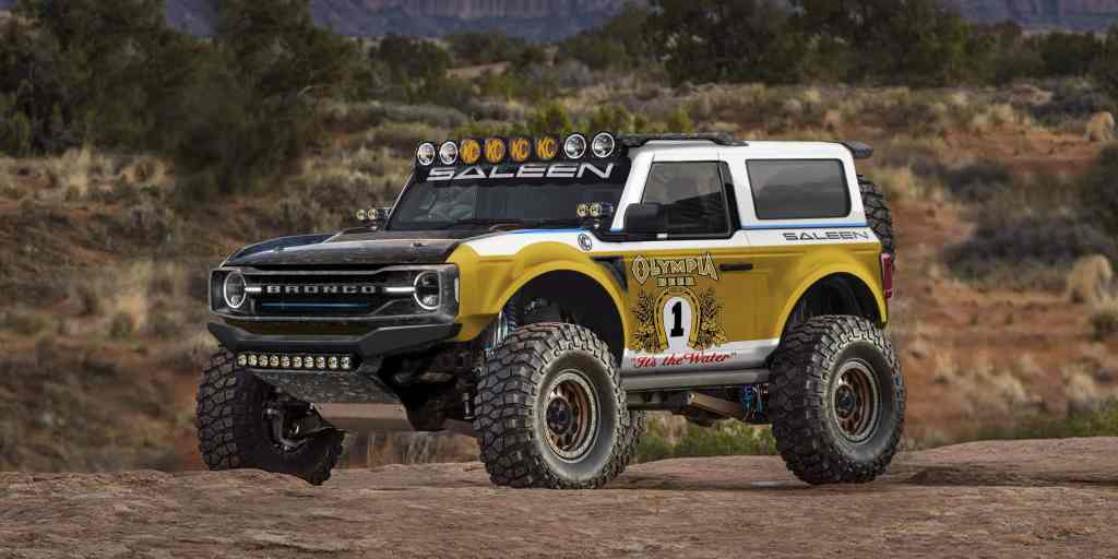 A gold and white 2021 Bronco looks race prepared.