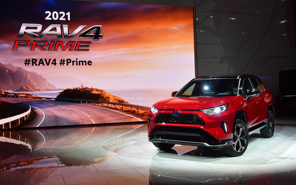 The 2021 Toyota RAV4 Prime on display at an auto show