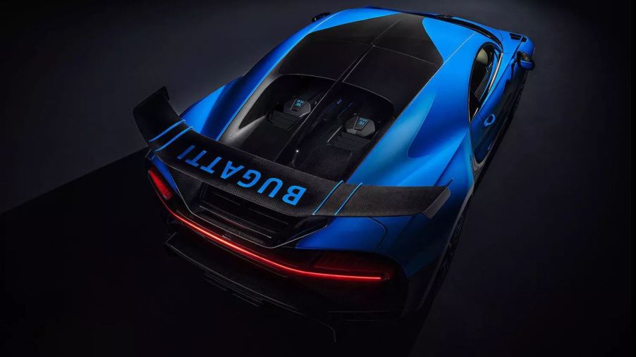The rear of the Bugatti Chiron Pur Sport has a large wing with Bugatti written across it