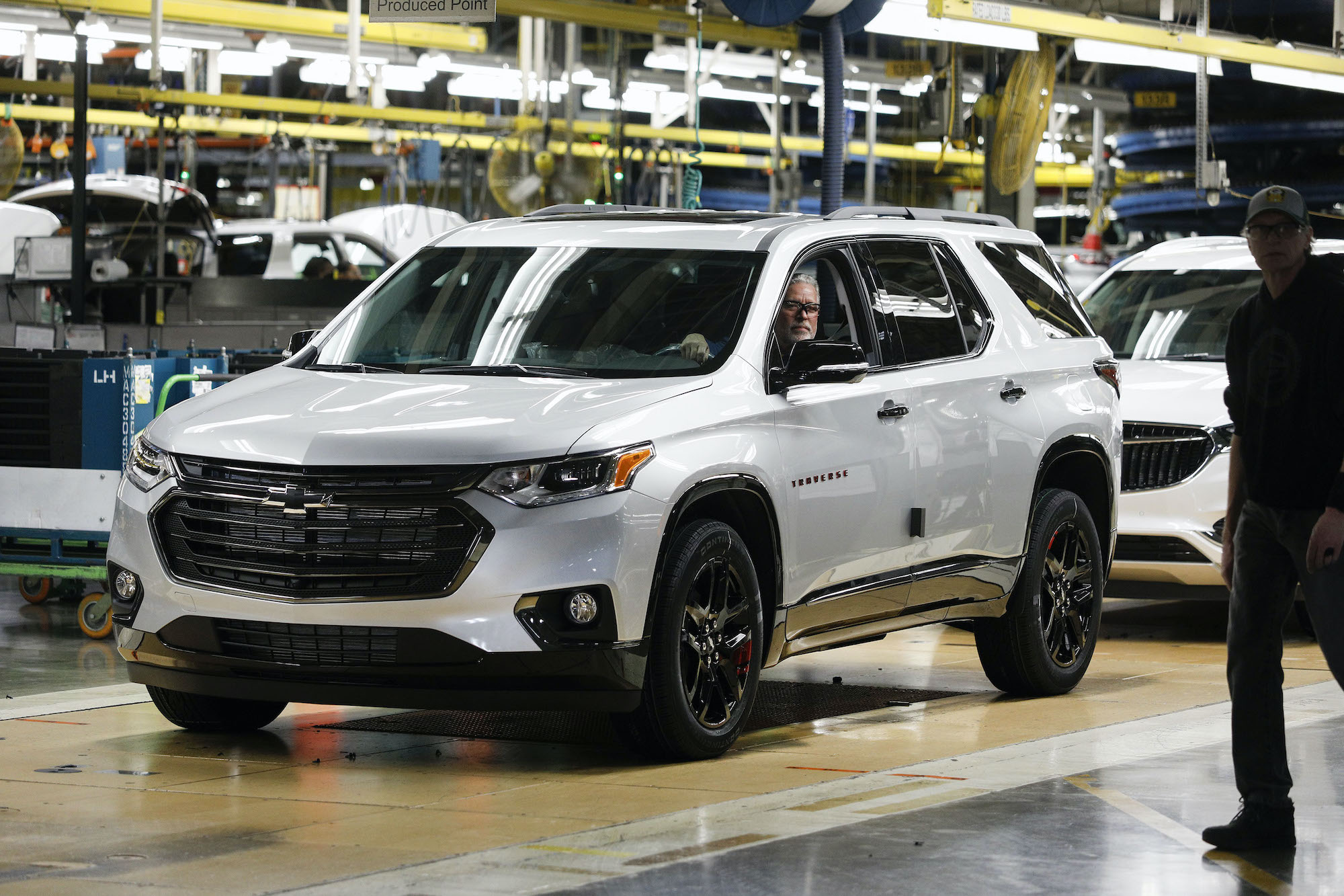 The three millionth vehicle produced at at the General Motors Lansing Delta Township Assembly Plant, a 2020 Chevrolet Traverse Redline Edition, waits to roll off the assembly line
