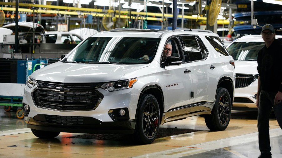 The three millionth vehicle produced at at the General Motors Lansing Delta Township Assembly Plant, a 2020 Chevrolet Traverse Redline Edition, waits to roll off the assembly line