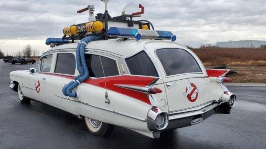 The driver's side rear of an Ecto-1 movie car replica.