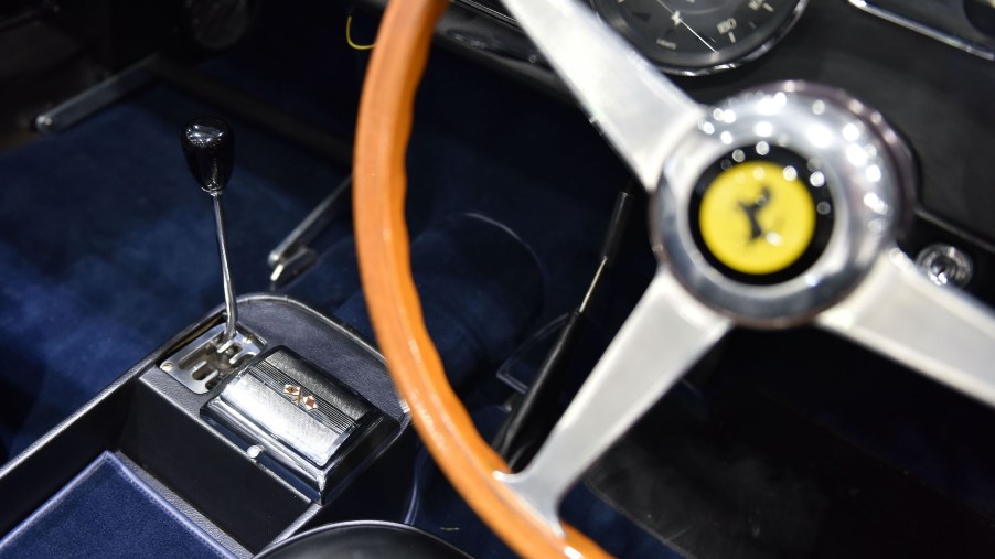 A Ferrari interior on display at London Classic Car Show at ExCel