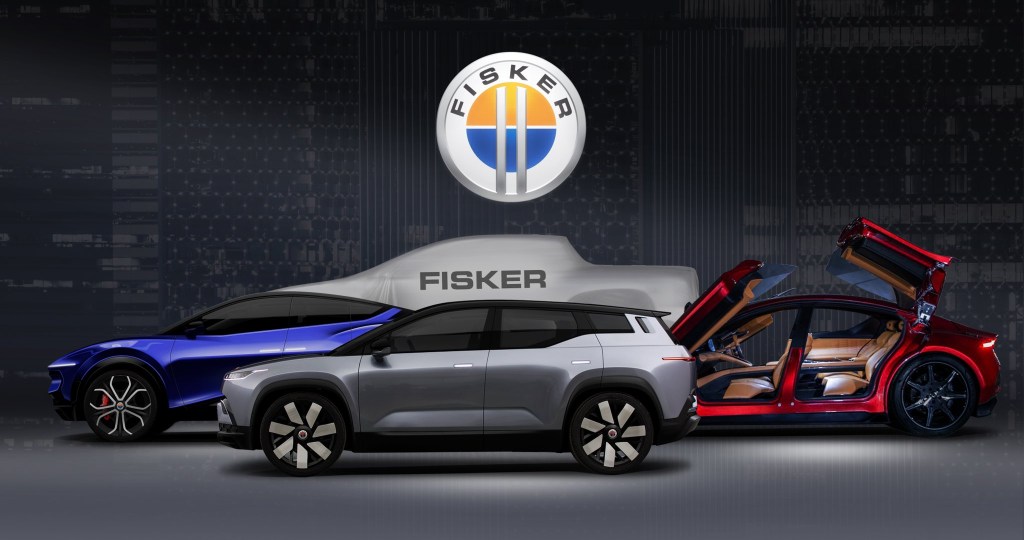 The Fisker electric lineup of four vehicles is displayed. The fourth is a pickup in the background under a veil.