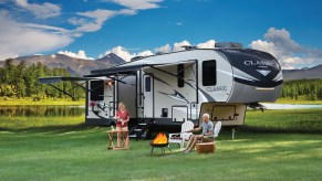 Forest River travel trailer outside set up for camping