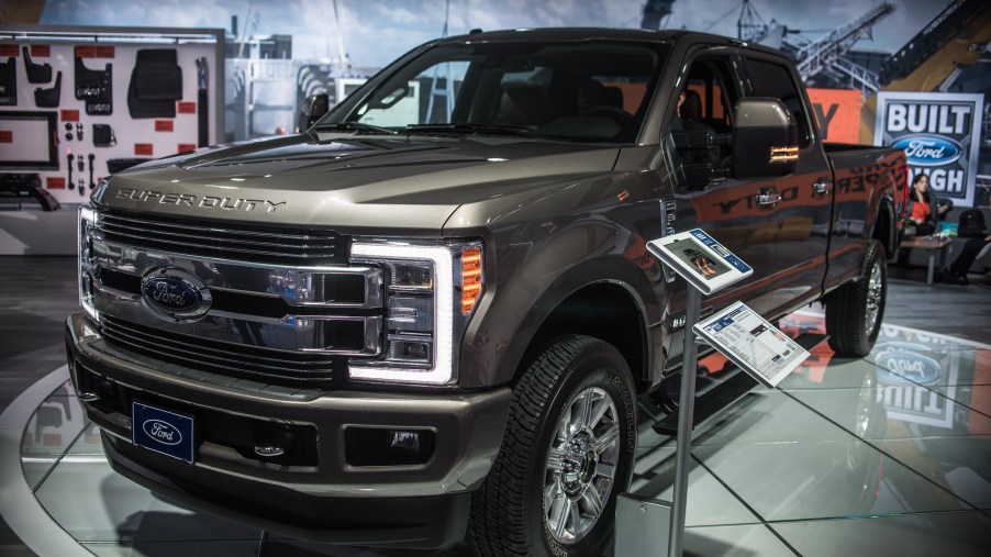 A Ford Super Duty F-350 on display at an auto show