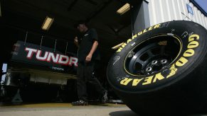 A Goodyear Wrangler tire sits during the NASCAR Craftsman Truck Series Built Ford Tough 225
