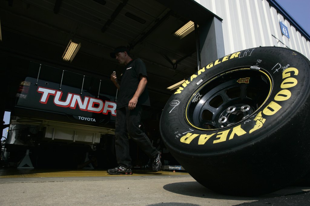 A Goodyear Wrangler tire sits during the NASCAR Craftsman Truck Series Built Ford Tough 225