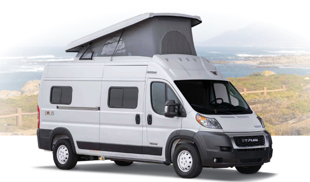 Winnebago Solis RV camper with it's roof tent popped open, parked with a Mountain View
