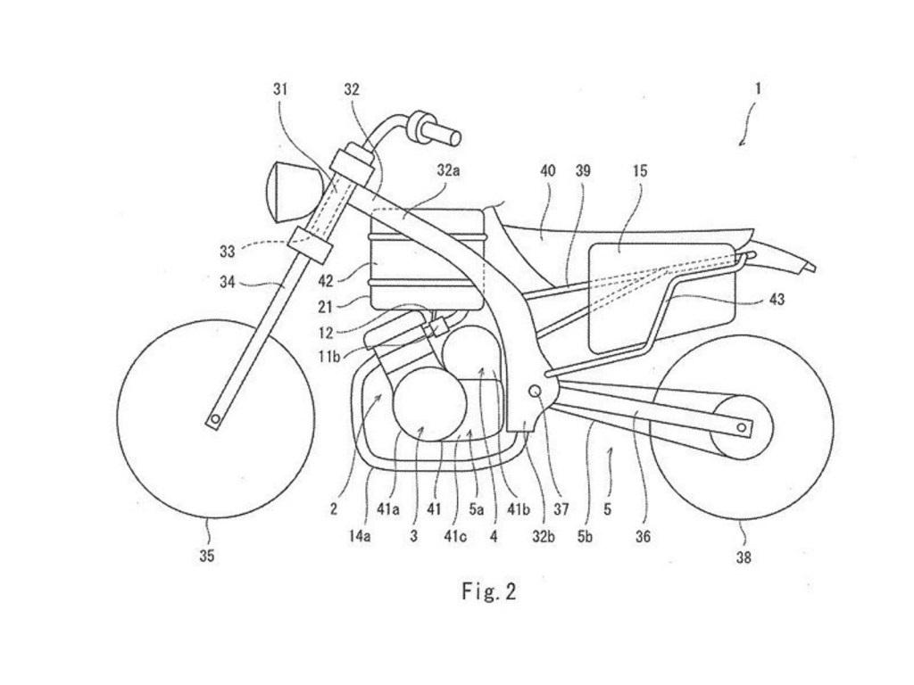 Patent diagram showing a potential Kawasaki hybrid motorcycle
