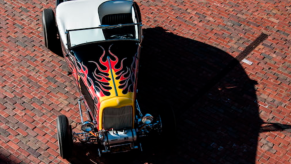 flamed black Deuce roadster overhead shot