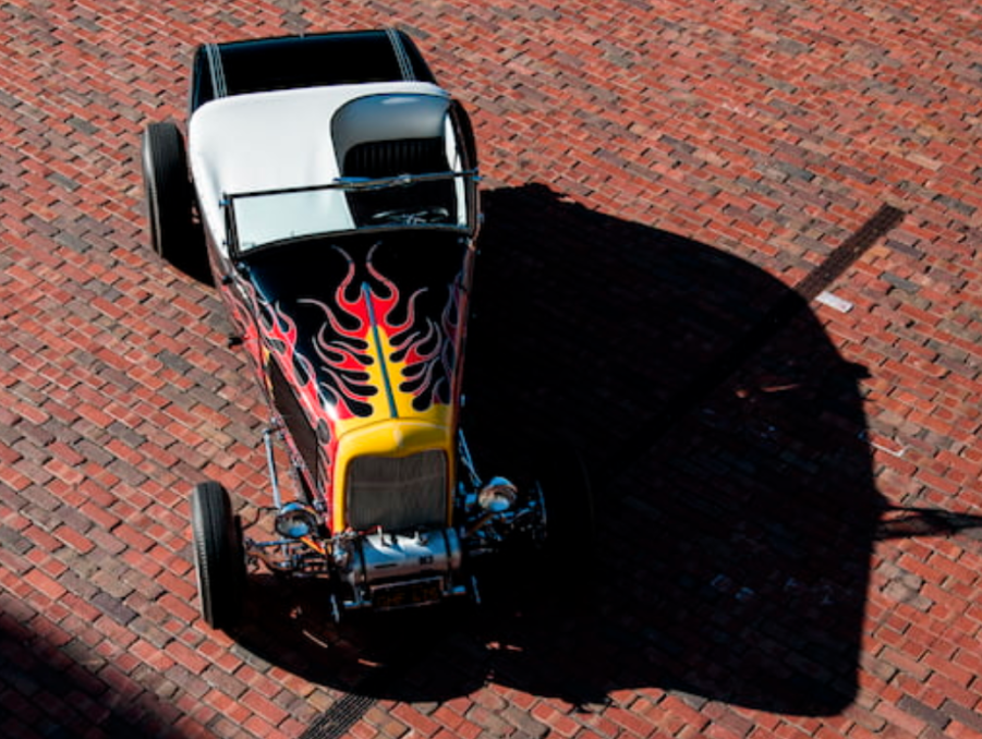 flamed black Deuce roadster overhead shot