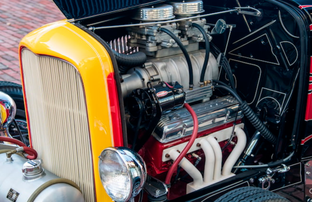 Deuce highboy roadster flamed with blown Chevy engine