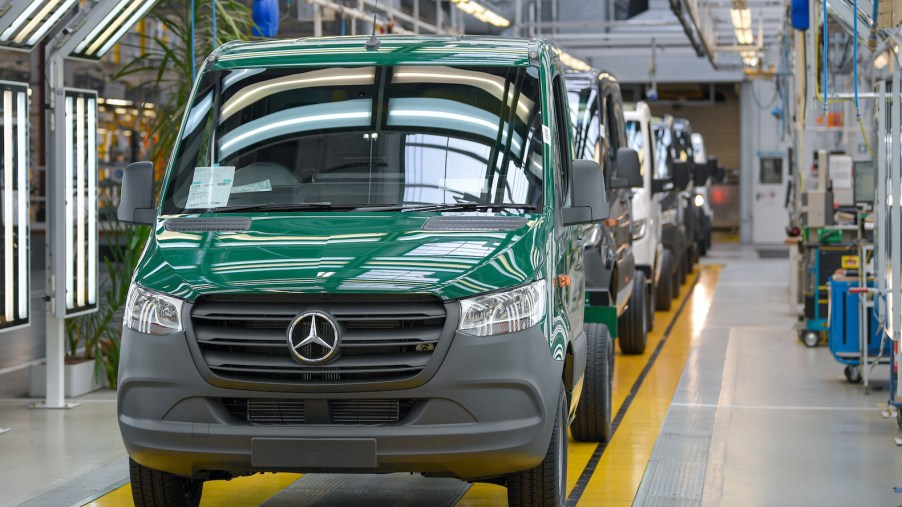 A green Mercedes-Benz Sprinter van on the production line at the Mercedes-Benz AG Ludwigsfelde plant