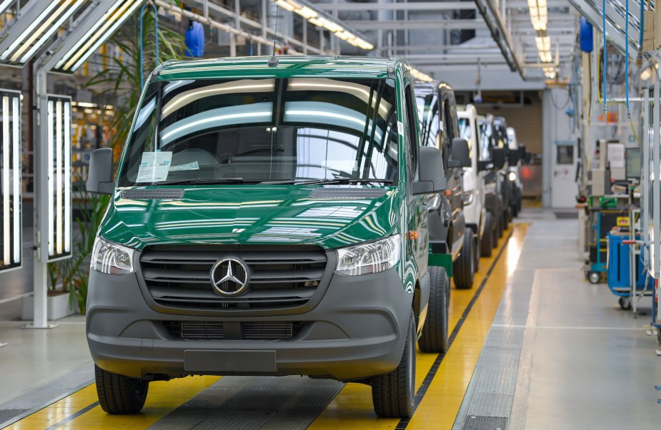 A green Mercedes-Benz Sprinter van on the production line at the Mercedes-Benz AG Ludwigsfelde plant