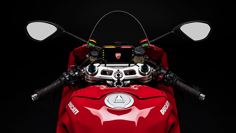 the dash view of a red Ducati Panigale V4 superbike
