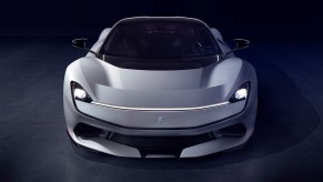 A head on view of the white and black Pininfarina Battista electric hypercar