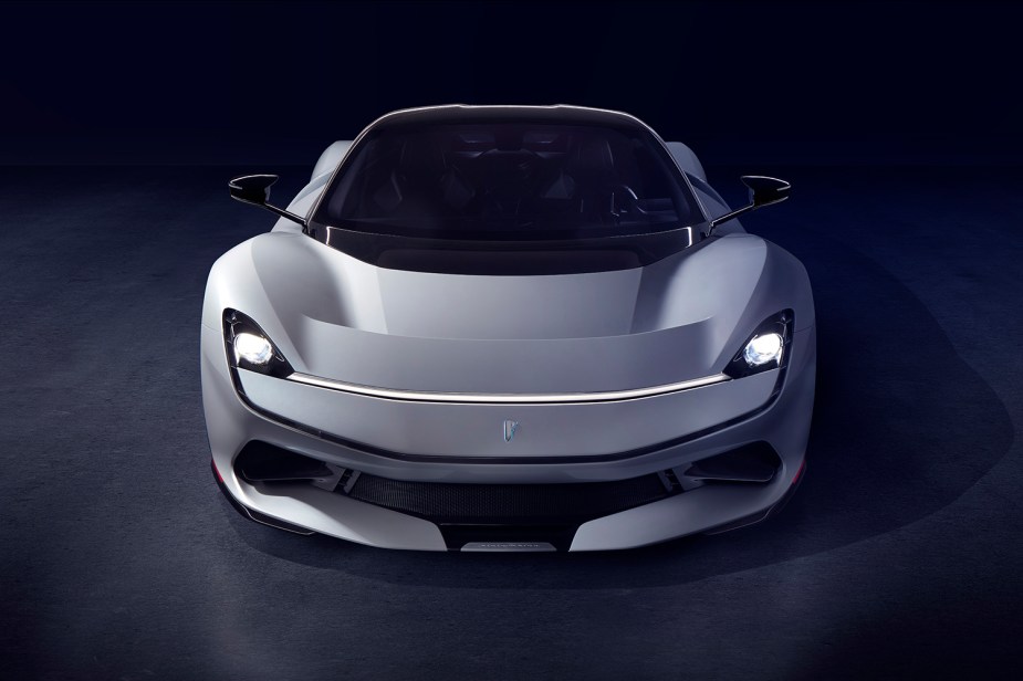 A head on view of the white and black Pininfarina Battista electric hypercar