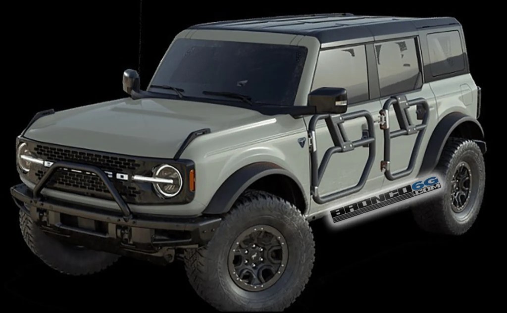 A render of a green 2021 Ford Bronco with tube doors