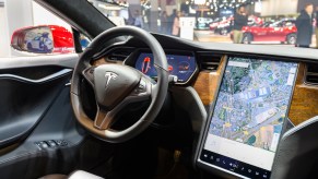 Tesla Model S dual motor all electric sedan on display at Brussels Expo