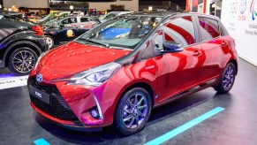 Toyota Yaris Hybrid compact city car on display at Brussels Expo