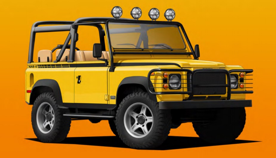 Twisted Automotive's electric Land Rover Defender restomod painted in Malibu Yellow against an orange background